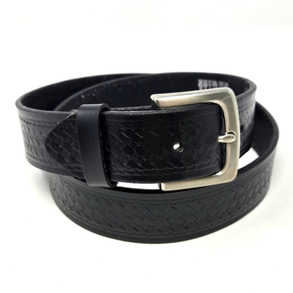 HIRED HAND BLACK LEATHER BELT BASKET WEAVE DESIGN SILVER BUCKLE MEN 38 WESTERN - Picture 1 of 14